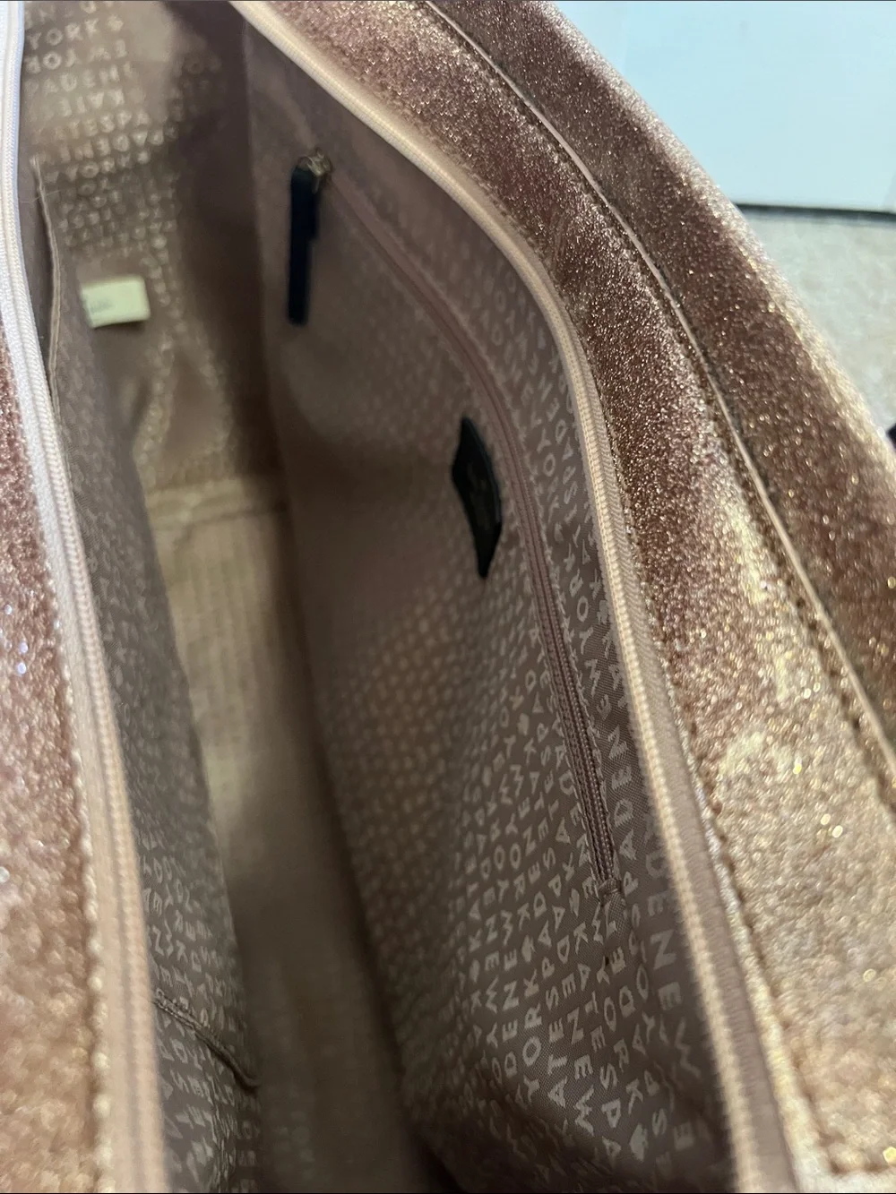 Kate Spade Rose Gold Glitter Tote with Black Bow and Black Handles